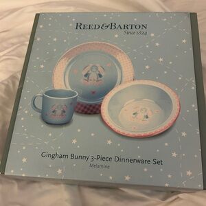 Reed & Barton Gingham Bunny Melamine 3pc Baby Dinnerware Set NIB Pink